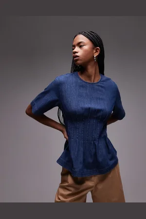 ARKET Mellemvasket blå bluse med plisseret livstykke i let denim