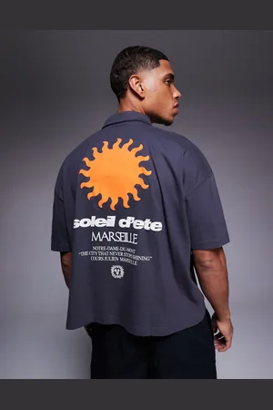 ASOS Oversized og cropped poloskjorte med sænkede skuldre og pufprint samt grafik-Grå