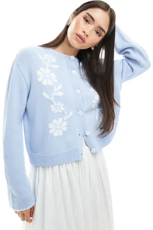 Miss Selfridge Lyseblå cardigan med blomstermønster i strikket jacquard