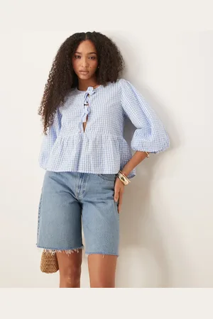 Gina Tricot Kortærmet bluse med bindesløjfer foran og lyseblå/hvide gingham-tern-Multifarvet
