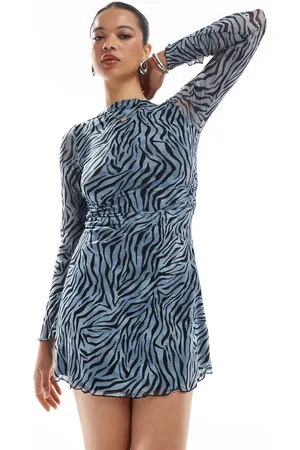 JJXX Blå kjole med lange ærmer og zebraprint i mesh