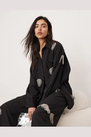 ASOS Oversized skjorte med frynseudsmykning med rhinsten - Del af sæt-Multifarvet