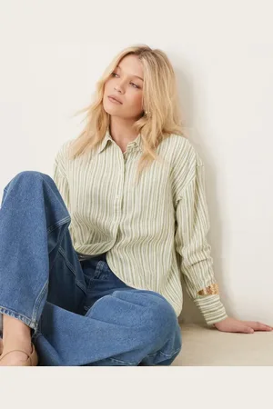Abercrombie & Fitch Oversized skjorte i hørblanding med grønne striber og lange ærmer-Hvid
