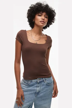 Topshop Chokoladebrun og stram top med afkortede ærmer