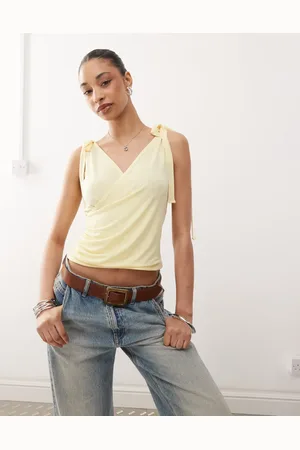 Reclaimed Tanktop med slå om-front og sløjfeskulder i kærnemælksgul