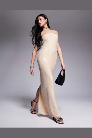 Rare Fashion London - Lysegul maxikjole med bandeausnit og pailletter