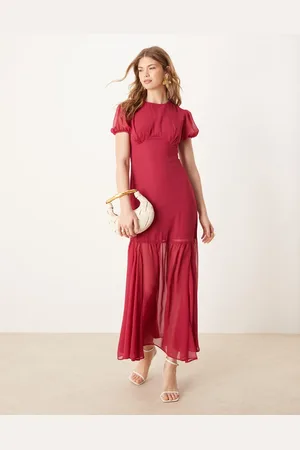 ASOS Mørk kirsebærrød midikjole med pufærmer