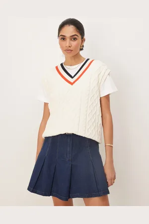 GANT Cremehvid sweatervest med V-hals og kontrasterende detaljer i kabelstrik