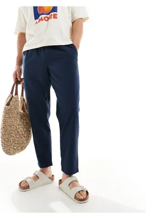 JACK & JONES Marineblå og smalle bukseri hørmateriale med løbesnor og tapered fit