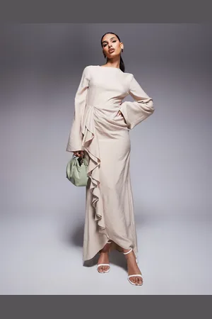 ASOS Maxikjole med lange ærmer og flæseskørt i hør-Neutral