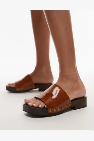 Topshop Premium - Harley - Gyldenbrune clogs i læder og træ