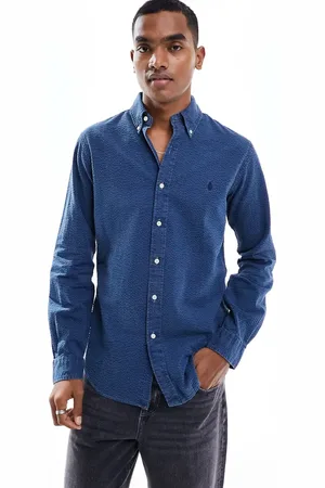 Ralph Lauren Indigoblå skjorte i seersucker med ikonlogo