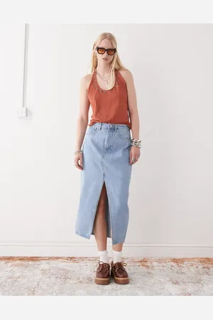 Obey Simplex - Midinederdel i denim med lyseblå vask med slids foran