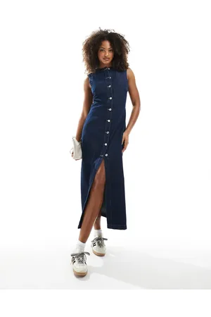 ASOS Indigoblå denim-maxikjole med rund hals og åbning med knapper foran