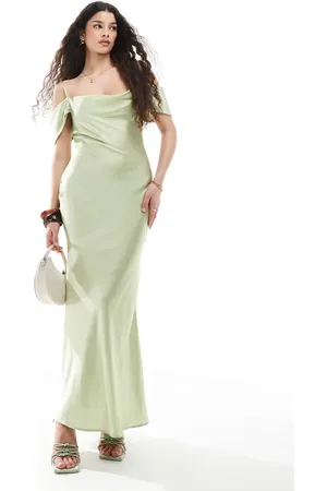 New Look Salviegrøn midaxi-kjole med bardot-snit i satin