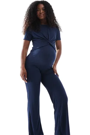 Mama;licious Mamalicious Maternity - Marineblå bukser med vide ben og linning over maven i ribstrikket jersey - Del af sæt