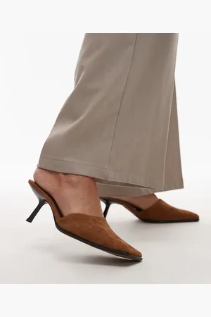 Topshop Premium - Dante - Gyldenbrune mules med høj hæl og firkantet snude i ruskind