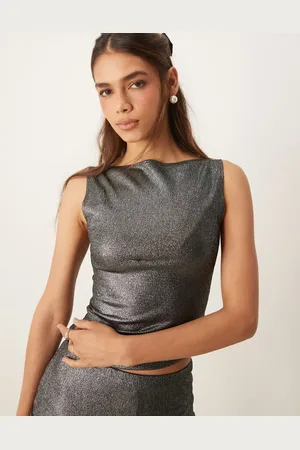 Miss Selfridge Guldfarvet overdel med folie med glimmer og bred halsudskæring-Sort