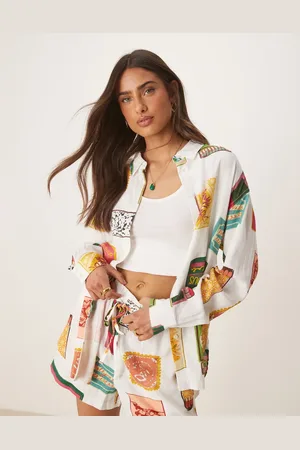 ASOS Oversized skjorte med print med tændstikæske i hørlook - Del af sæt-Multifarvet