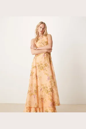 ASOS ASOS DESIGN Tall - Maxikjole med racerhals, rynket overdel og sænket talje i blomstermønster-Brun