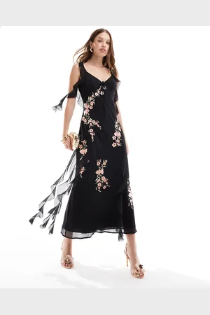 ASOS Broderet midaxi-kjole med flæser og sløfje bagpå i -Hvid
