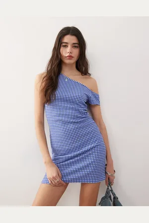COLLUSION Blå offshoulder-minikjole med gingham-tern