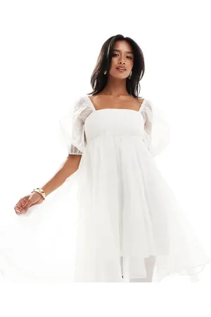 Lace & Beads Elfenbenshvid babydoll-minikjole med firkantet hals i organza
