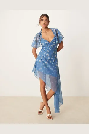 ASOS Blå tea-minikjole med asymmetrisk snit, flagrende kappe-ærmer, ombré-effekt og marguerit-print-Multifarvet