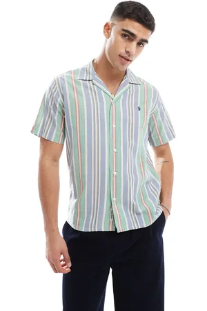 Ralph Lauren Blå-/grøn-stribet skjorte med korte ærmer og logoikon i klassisk og oversized pasform