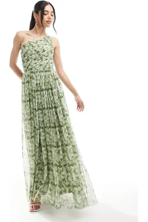 Lace & Beads Brudepiger - Olivengrøn oneshoulder-maxikjole med blomstermønster