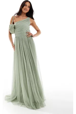 Lace & Beads Brudepiger - Støvet salviegrøn oneshoulder-maxikjole