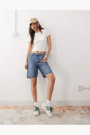 Noisy May Mellemvasket blå posede denimshorts med høj talje