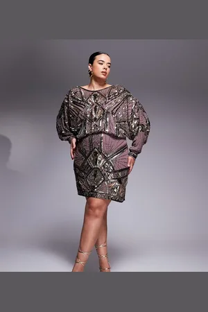 ASOS ASOS DESIGN Curve - Støvet lyslilla minikjole med vandfaldsudskæring på ryggen, lineær udsmykning og flagermusærmer-Multifarvet