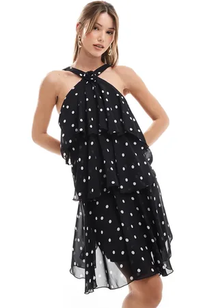 VERO MODA Felicia - Sort lagdelt minikjole med halterneck, corsage-detalje og prikker