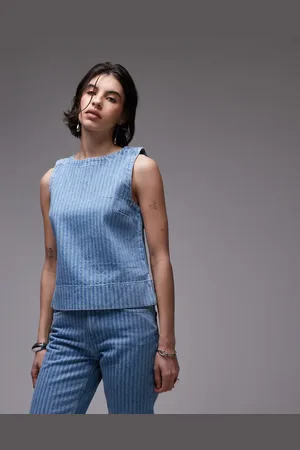 Topshop Afbleget shell-top med striber i denim
