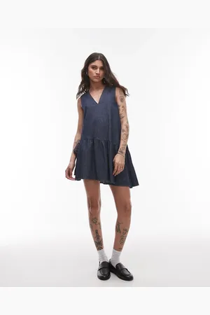 Topshop Minikjole i denim med peplum-kant og sløjfedetalje i råt look-Blå