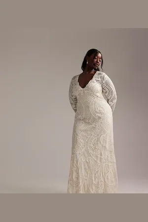 ASOS ASOS DESIGN Curve - Elfenbensfarvet og langærmet maxi-brudekjole med plunge og broderi-Hvid