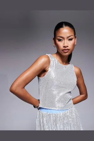 ASOS Sølvfarvet top med racerhals og pailletter i mesh - Del af sæt