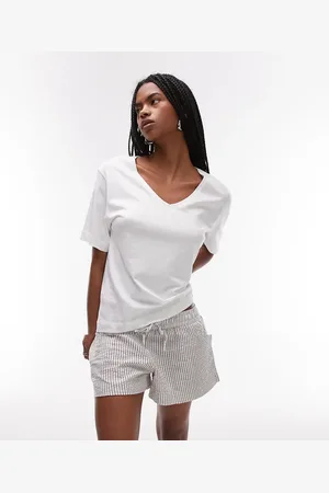 MANGO Hvidt og brunt pyjamassæt med T-shirt og shorts med striber i bæk-og-bølge-bomuld
