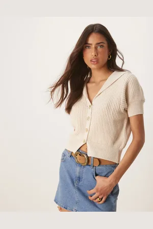 ASOS Cremehvid cardigan med krave, korte ærmer og guldfarvede knapper i struktureret strik