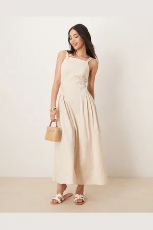 ASOS Lys beige midikjole med firkantet hals og lavtsiddende talje-Neutral