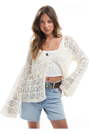 Miss Selfridge Cremehvid hæklet boho-cardigan med bindebånd foran