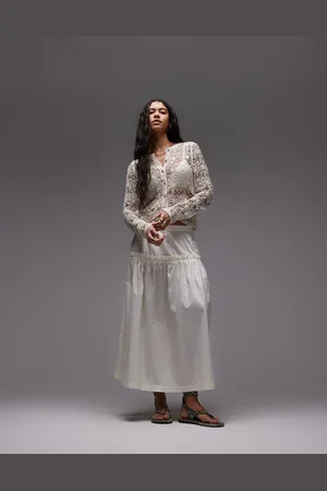 Topshop Hvid fyldig nederdel med flæser i poplin
