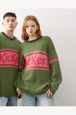 Kickers Grøn oversized strikket unisex-trøje med lyserødt -logo