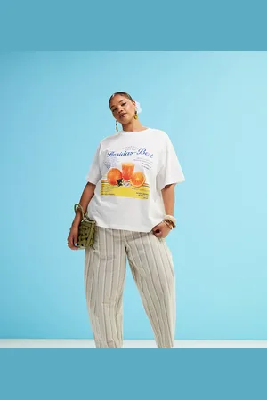 ASOS Curve - Beige bukser i hørlook med barrel-ben og striber-Multifarvet