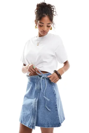 VERO MODA Mellemblå slå-om-mininederdel i denim