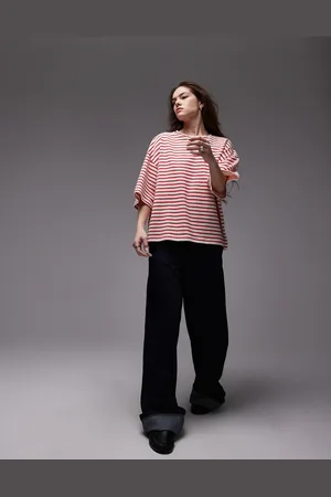 Topshop Top med korte ærmer og røde striber i frotté-jersey
