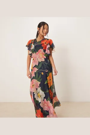 HOPE & IVY Marineblå og blomstret maxikjole med vandfaldsudskæring og vandfaldsærmer