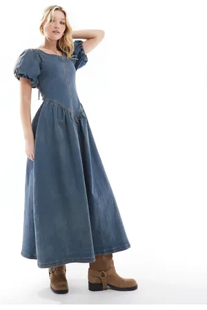 Daisy Street Maxikjole med sænket talje og pufærmer i denim i blå vintage-vask