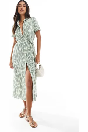 VERO MODA Easy - Lang skjortekjole med knapper og abstrakt grønt print